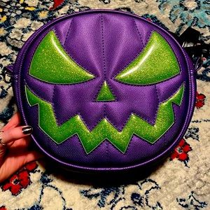 Love Pain and Stitches purple and green jack o lantern purse